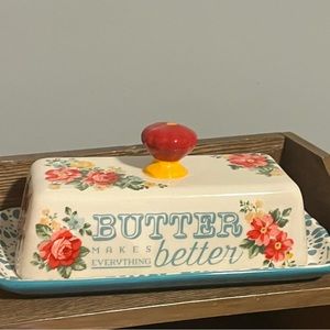 🌺 New The Pioneer Woman Vintage Floral Butter Dish, Teal Blue, Qty 1